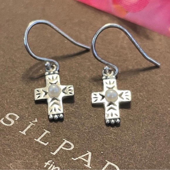 Silpada RARE Vintage Sterling Silver Pearl Dainty Cross Earrings - Picture 11 of 15